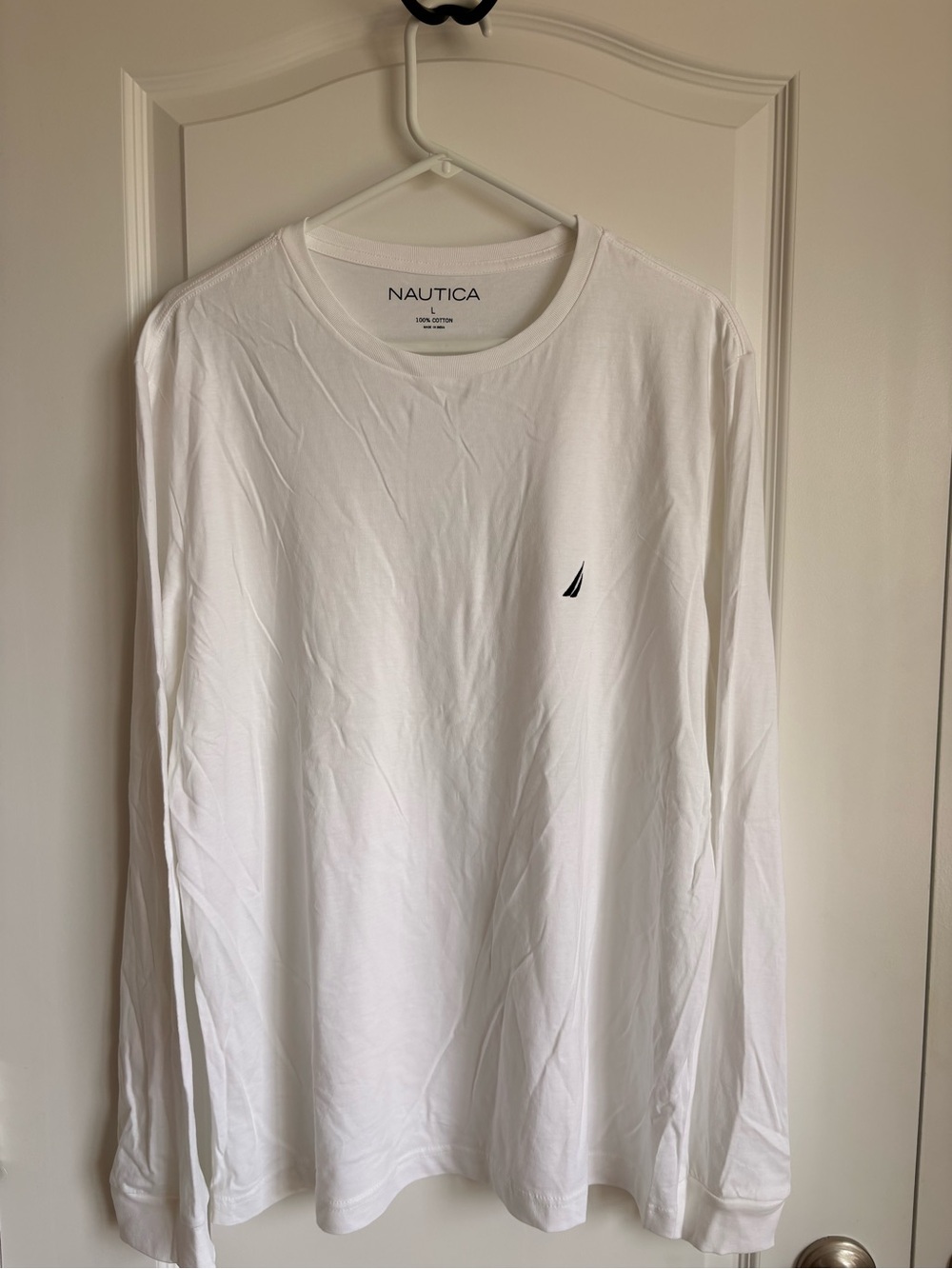Nautica Men’s Long-Sleeve Crew Neck Shirt - White with Navy Logo